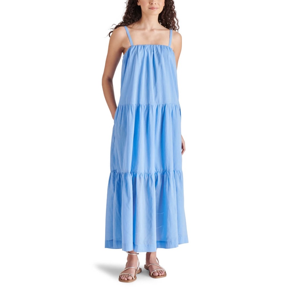 Steve Madden Oceane Tiered Midi Dress Blue Cotton Strappy S NWT